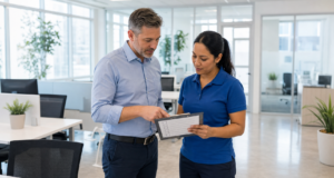 Office manager reviewing a recurring office cleaning contract and service checklist