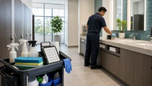 Cleaner inspecting sinks and supplies beside a janitorial cart in a commercial restroom