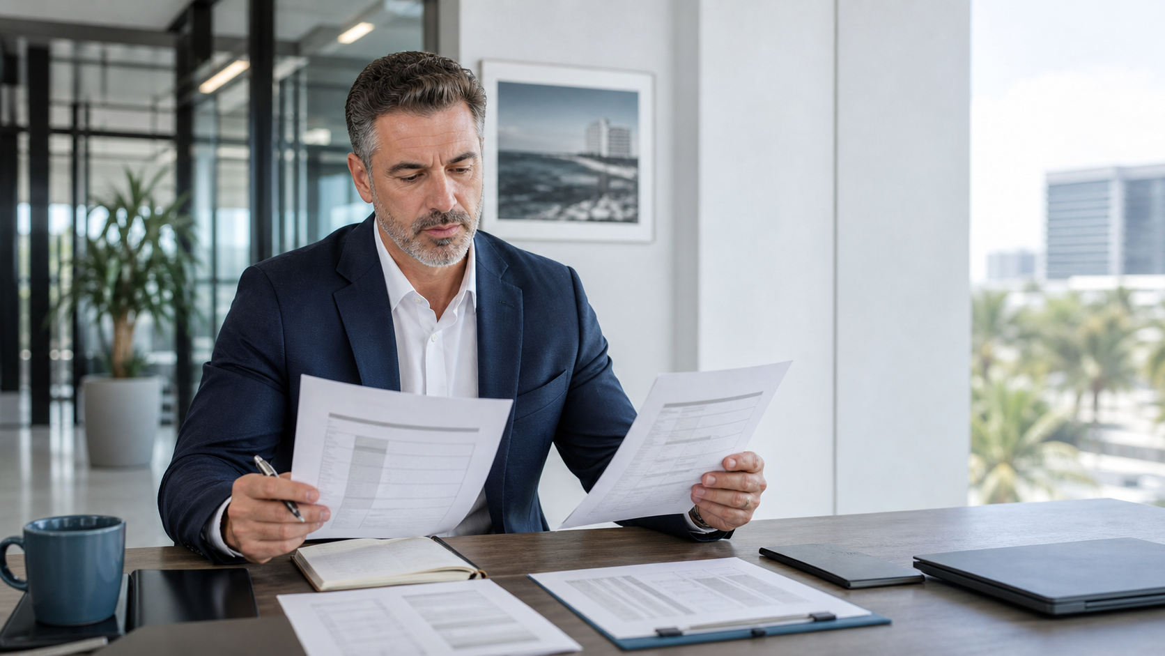 Facility manager comparing commercial cleaning proposals in Broward County