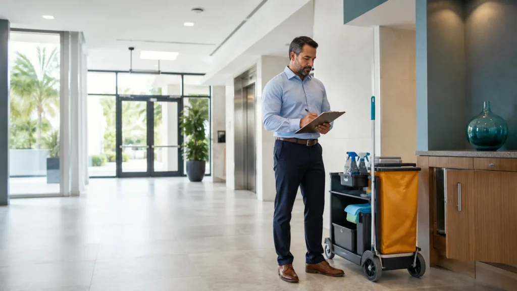 Property manager reviewing a common-area checklist beside a janitorial cart in a condominium lobby