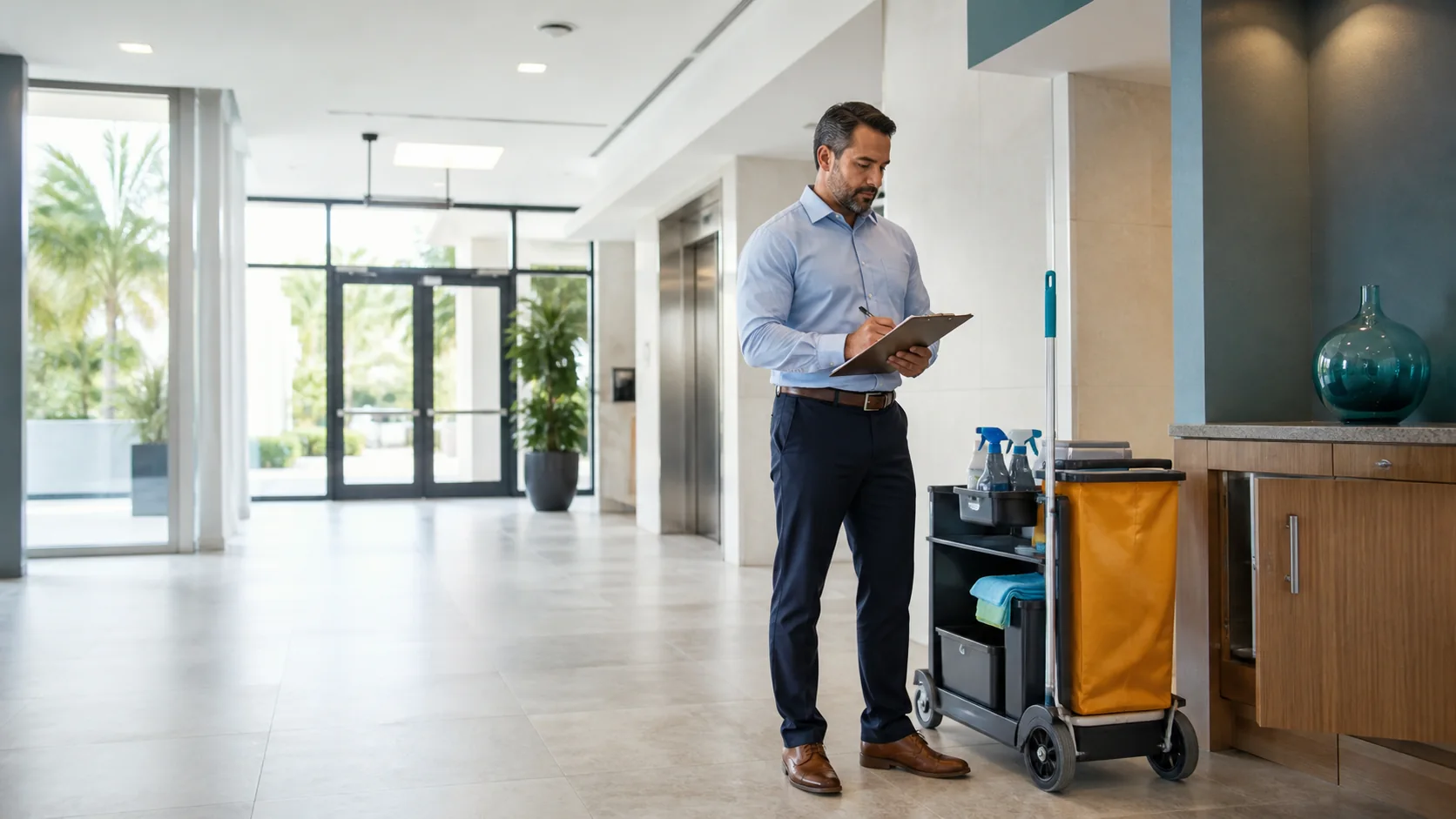 Property manager reviewing a common-area checklist beside a janitorial cart in a condominium lobby