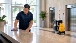 Day porter cleaning a commercial property lobby in Broward County