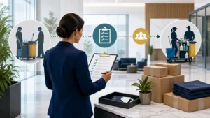 Property manager reviewing a checklist for a controlled janitorial provider transition