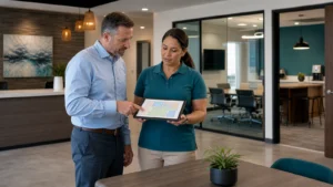 Facility manager reviewing an office cleaning schedule by area and frequency