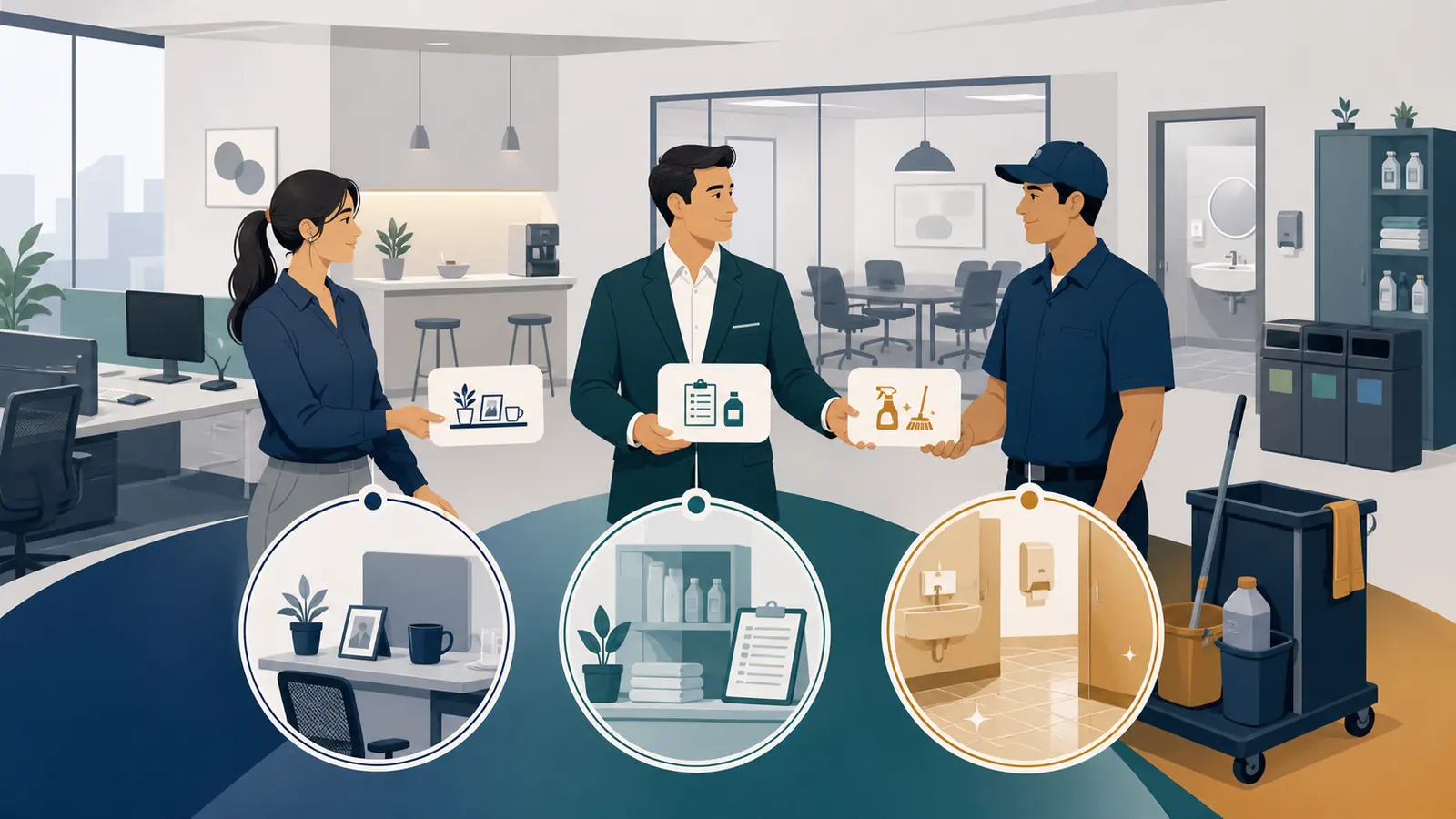 Responsibility matrix separating employee, management, and janitorial company tasks in a shared office.