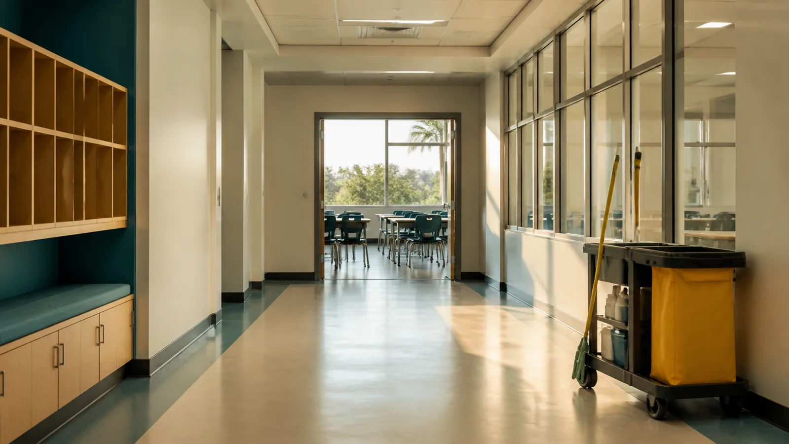 Clean school corridor leading to a classroom with a janitorial cart nearby