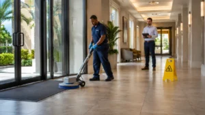 Cleaner maintaining a high-traffic commercial corridor floor while a property manager reviews the work